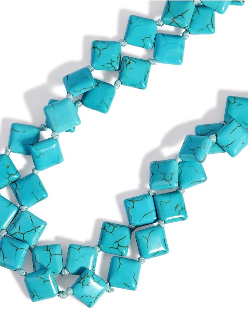 Real Turquoise Square Bead Double Strand Necklace - Picture 3 of 4